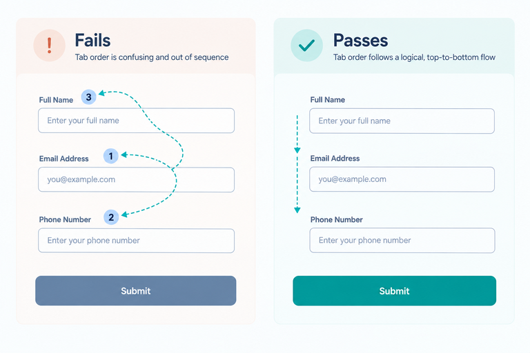Comparison of form fields with conflicting tabindex numbers versus the same fields in natural document order.
