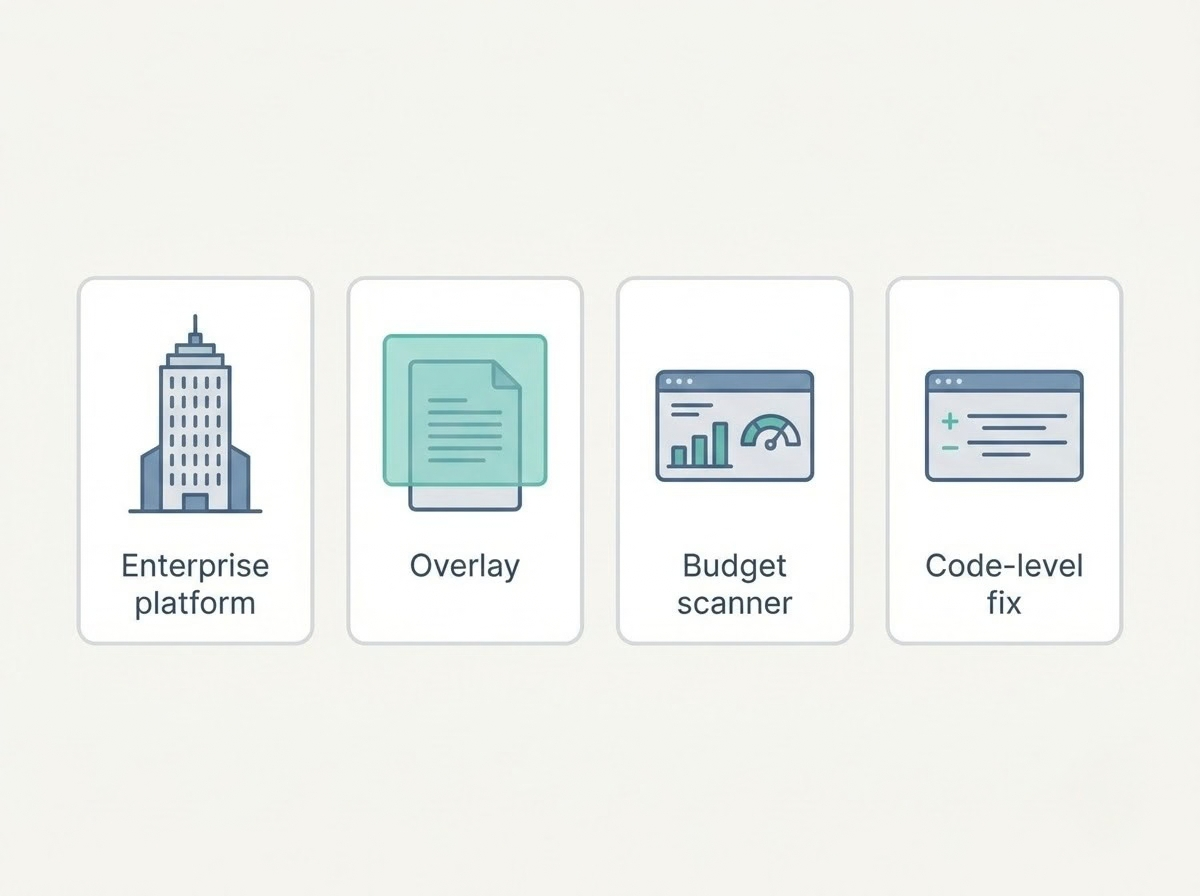Four categories of accessibility tooling shown as cards: enterprise, overlay, budget scanner, and code-level fix.