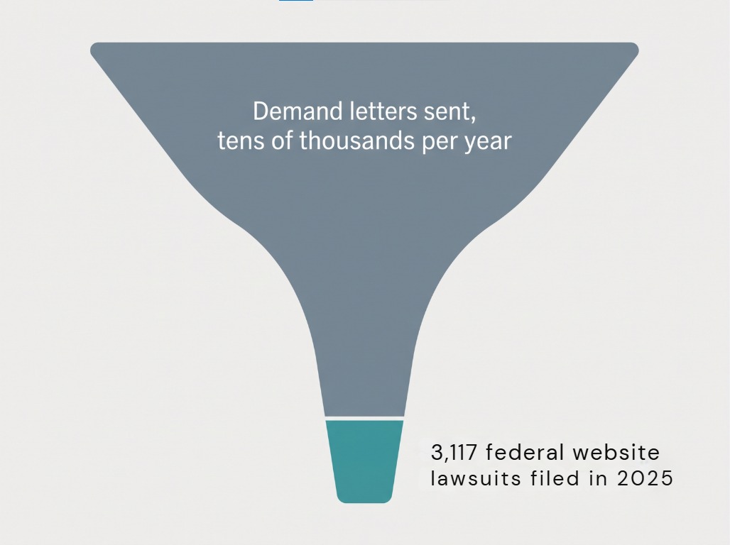 Funnel diagram showing the large majority of ADA demand letters never turn into a filed lawsuit.
