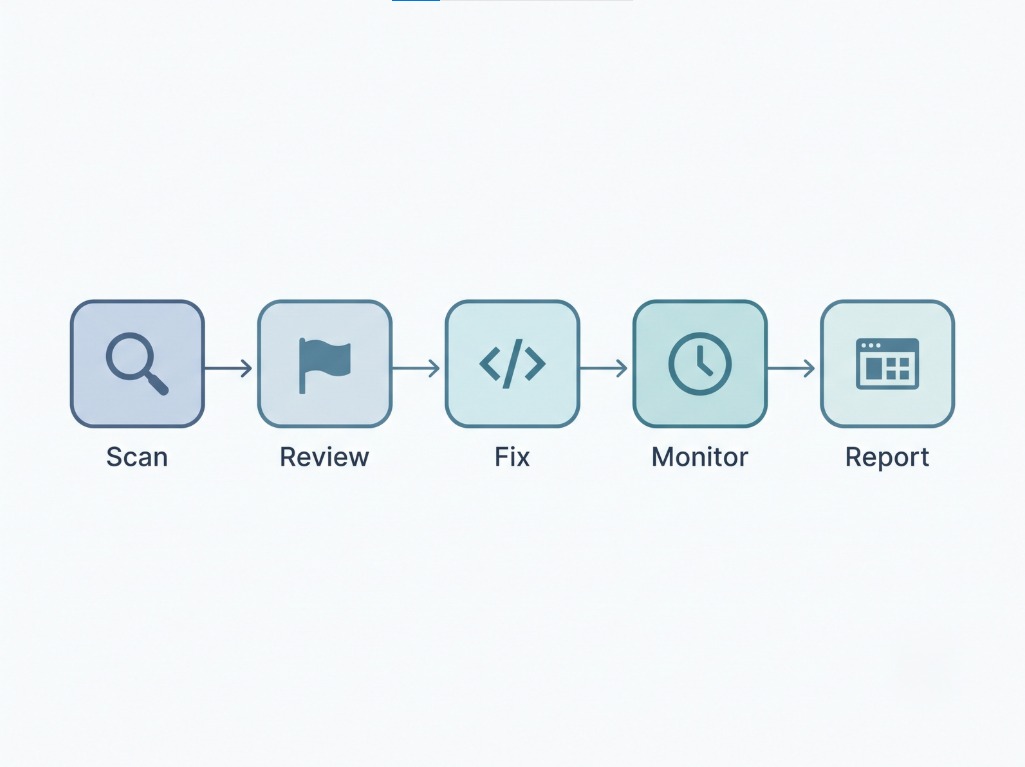 A five-step agency workflow: scan, review, fix, monitor, report.
