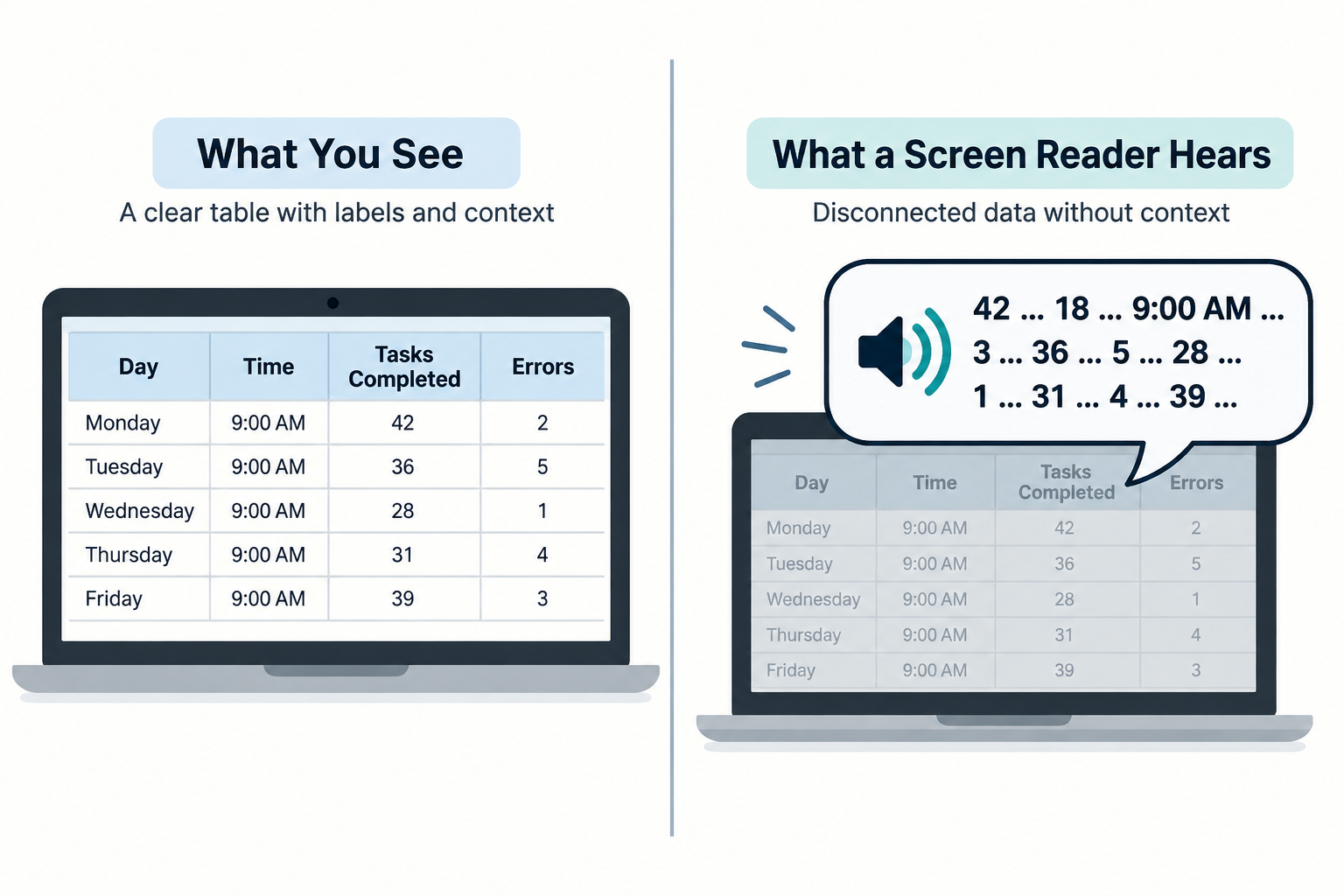 A data table that looks normal visually but announces as unlabeled numbers to a screen reader.
