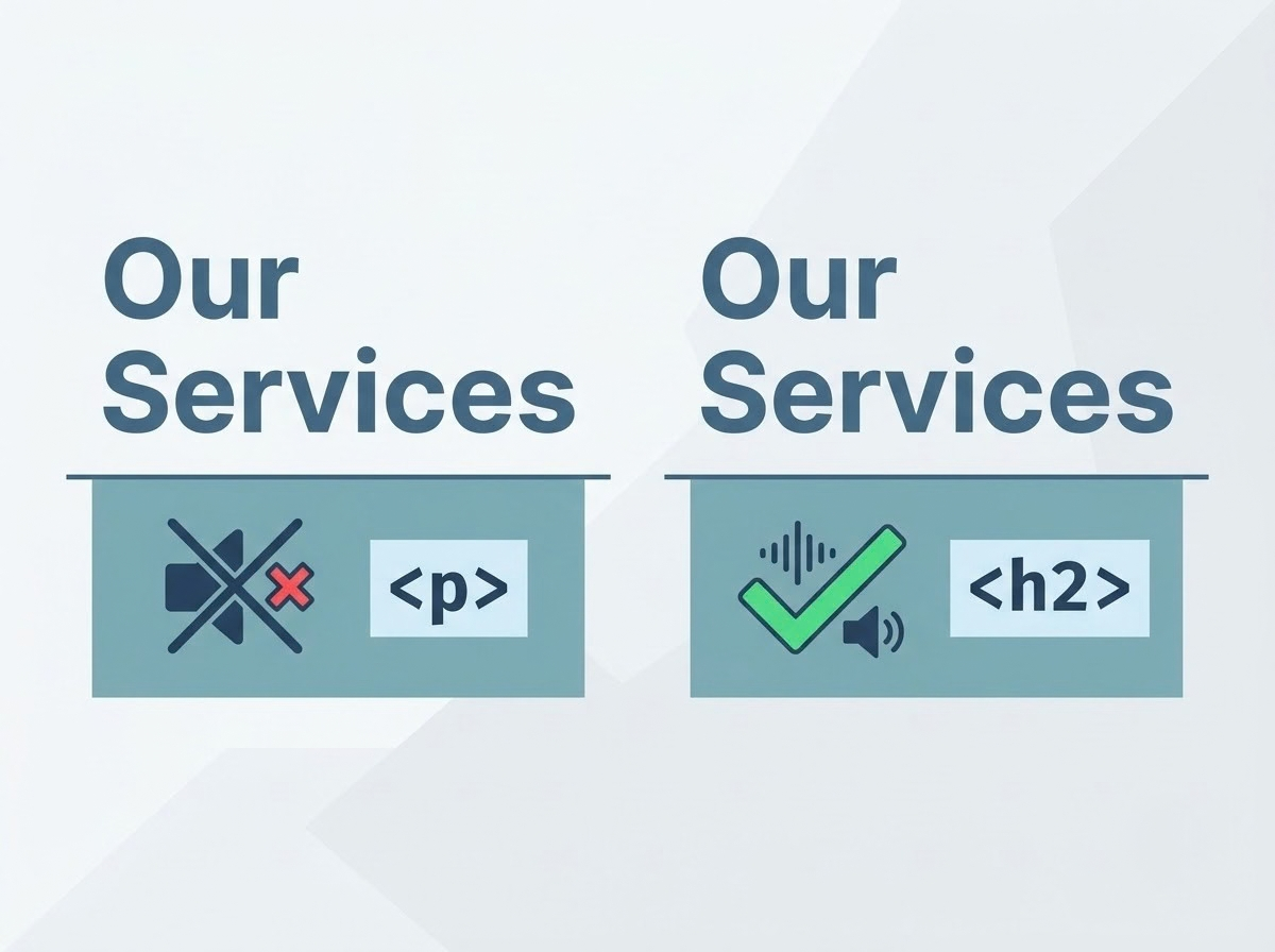 Two identical-looking headings, one a styled paragraph and one a real heading, only one of which a screen reader recognizes.