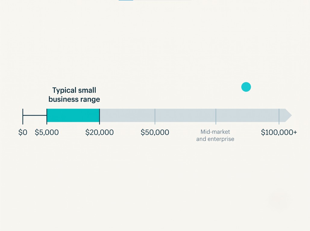 A settlement range scale highlighting $5,000 to $20,000 as the typical small business band, separate from higher enterprise figures.