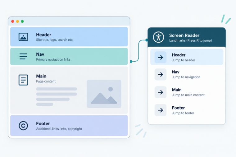 A webpage's regions mapped as a simple jump-to list, the same way a screen reader presents landmarks.