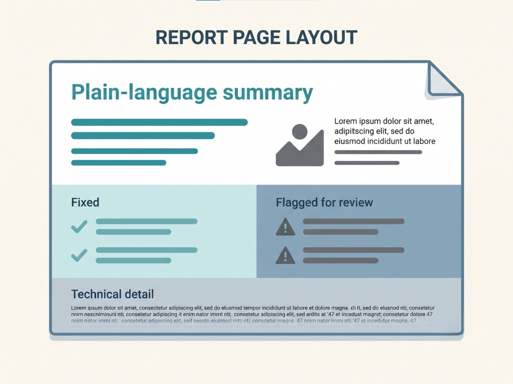 Layout diagram of a well-structured client report: summary first, fixed-versus-flagged clearly separated, technical detail last.