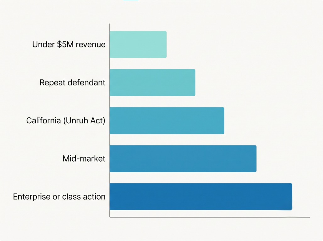 Relative comparison chart showing settlement pressure increasing with business size, repeat-defendant status, and jurisdiction
