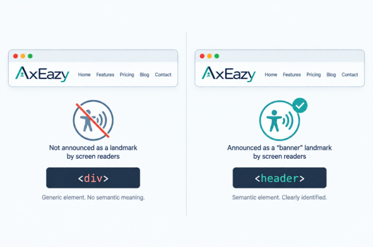 Two identical-looking page headers, one built with a div and one with a real header element, only one of which is a real landmark