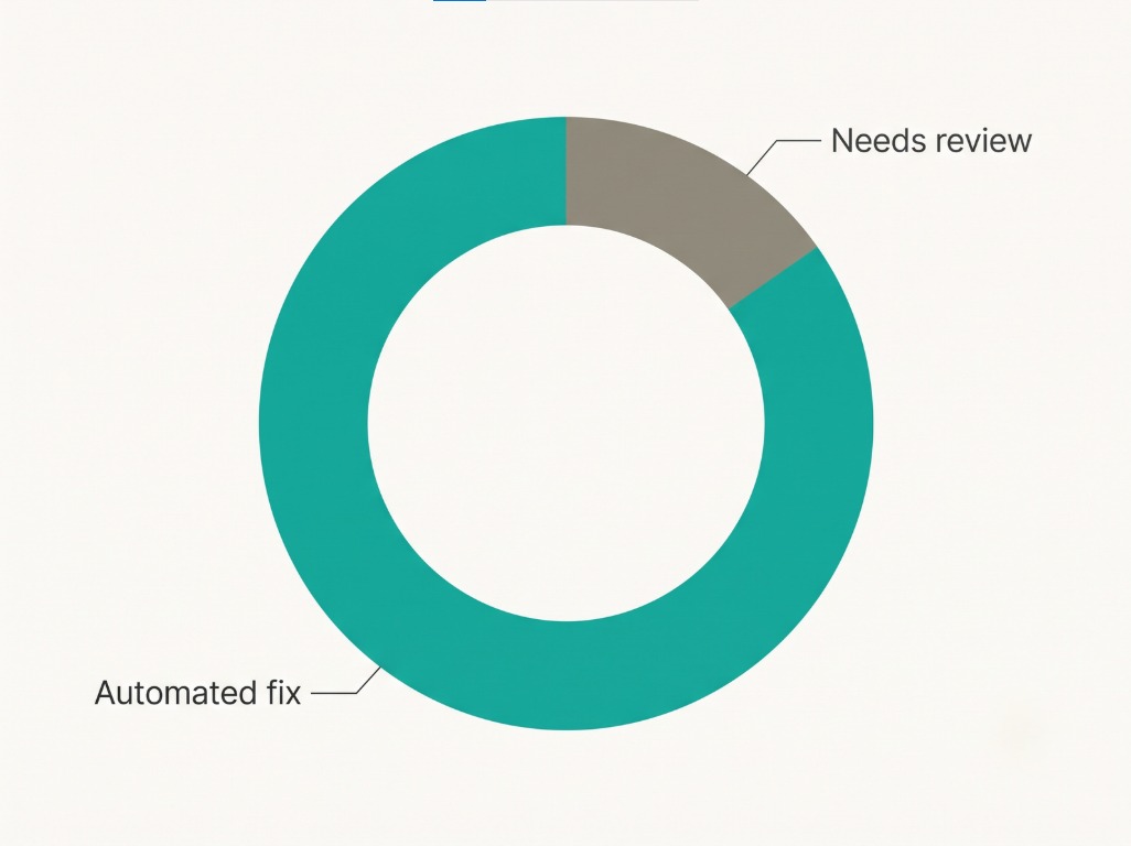 Proportional chart showing most flagged issues resolve automatically, with a smaller share needing manual review